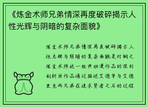 《炼金术师兄弟情深再度破碎揭示人性光辉与阴暗的复杂面貌》