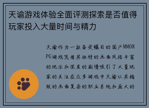 天谕游戏体验全面评测探索是否值得玩家投入大量时间与精力
